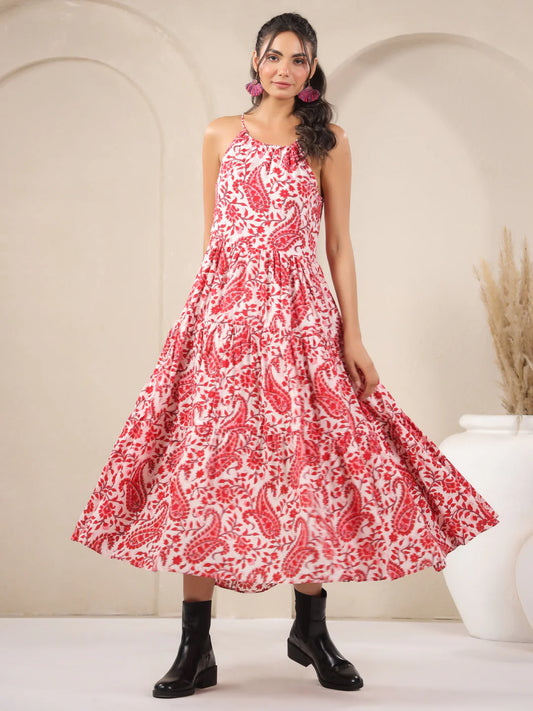 White Paisley Handblock Printed Cotton Dress