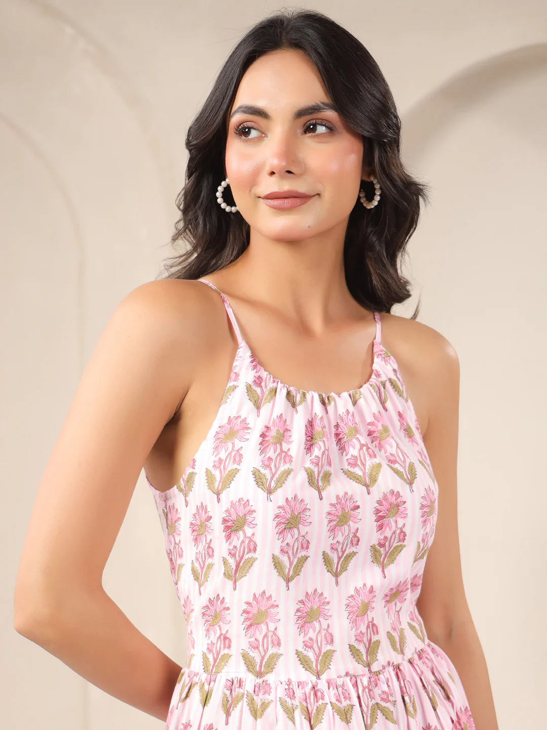 Pink Stripes Handblock Printed Cotton Maxi Dress