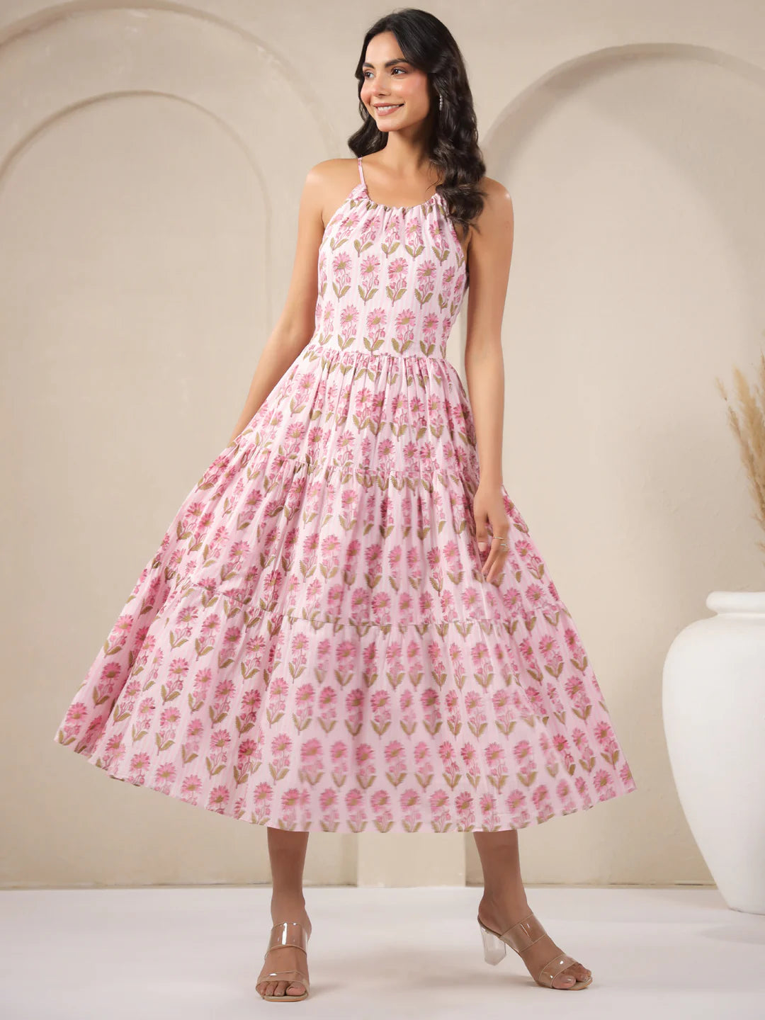 Pink Stripes Handblock Printed Cotton Maxi Dress