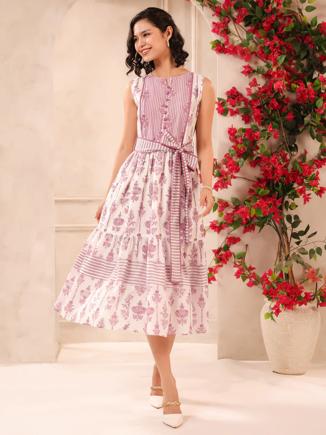 White & Purple Sleeveless Maxi Dress with Belt and Pockets