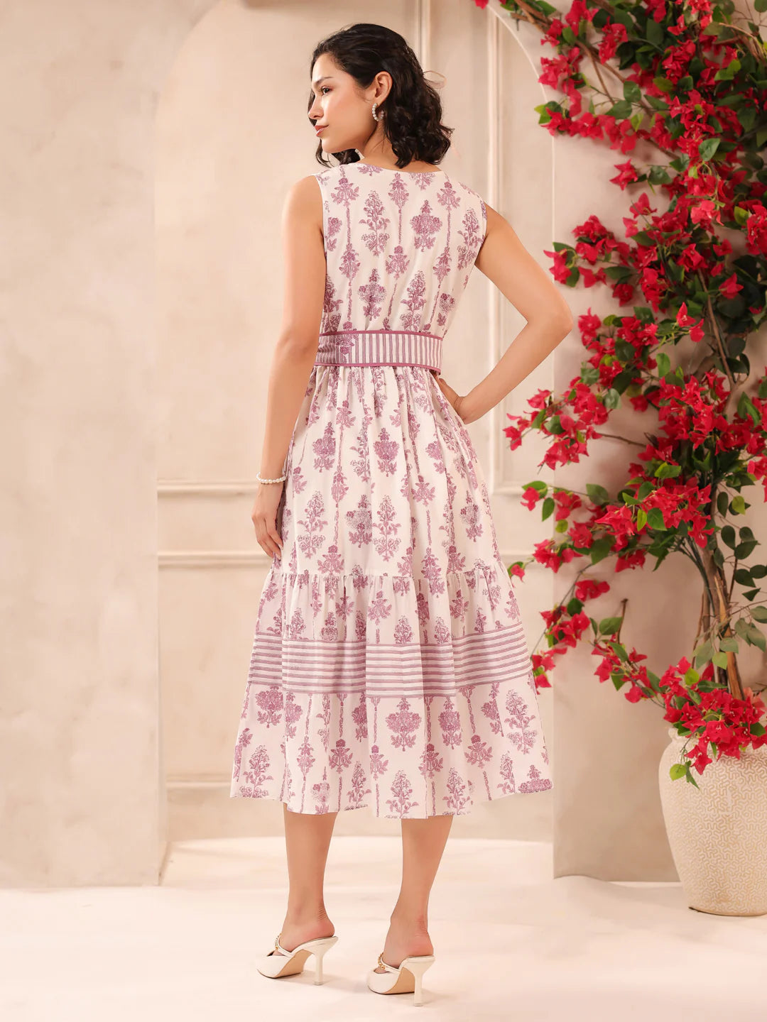 White & Purple Sleeveless Maxi Dress with Belt and Pockets