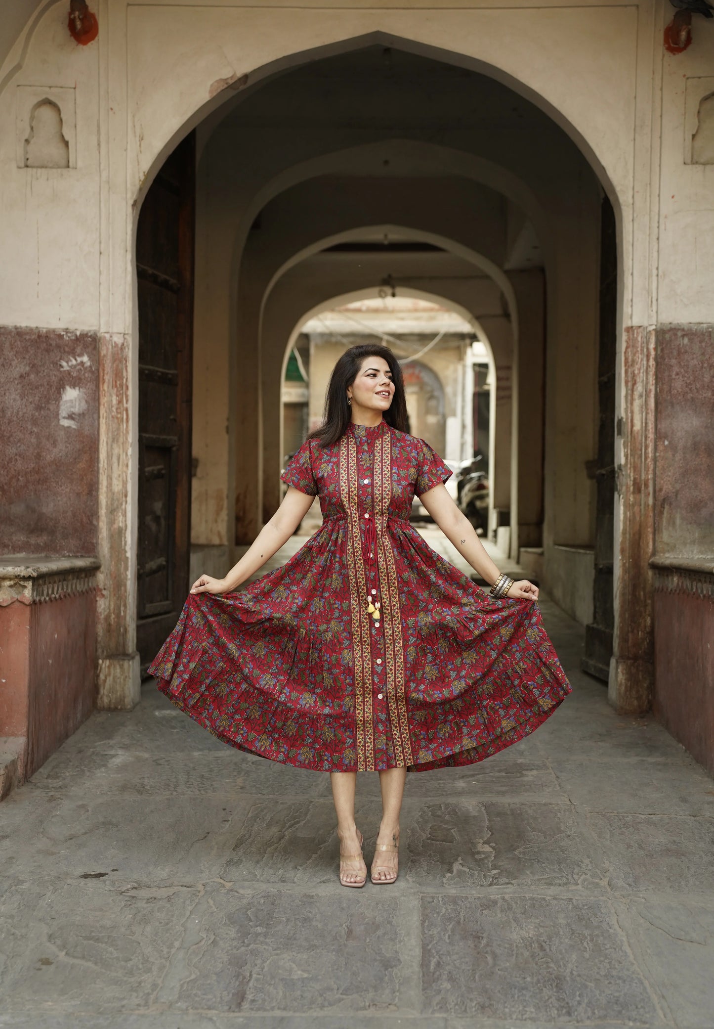 Red Flutter Sleeved Printed Cotton Dress