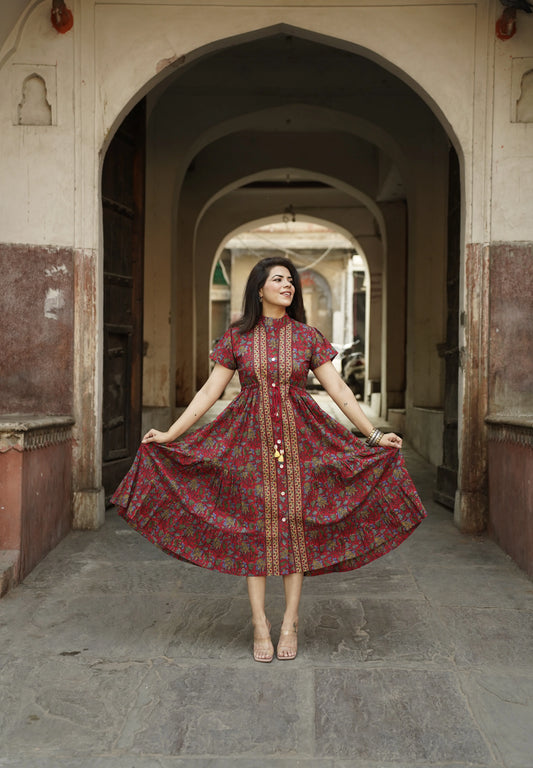 Red Flutter Sleeved Printed Cotton Dress