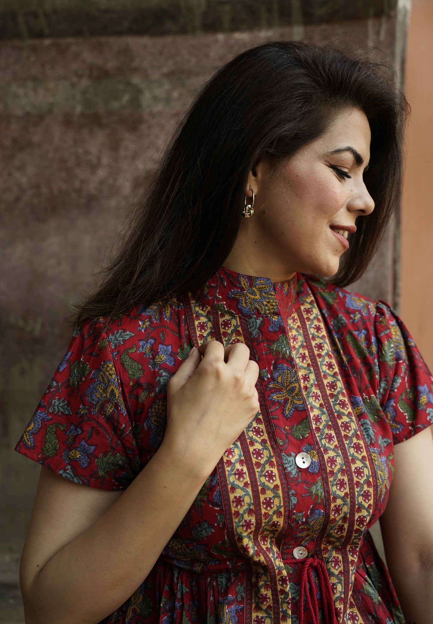 Red Flutter Sleeved Printed Cotton Dress