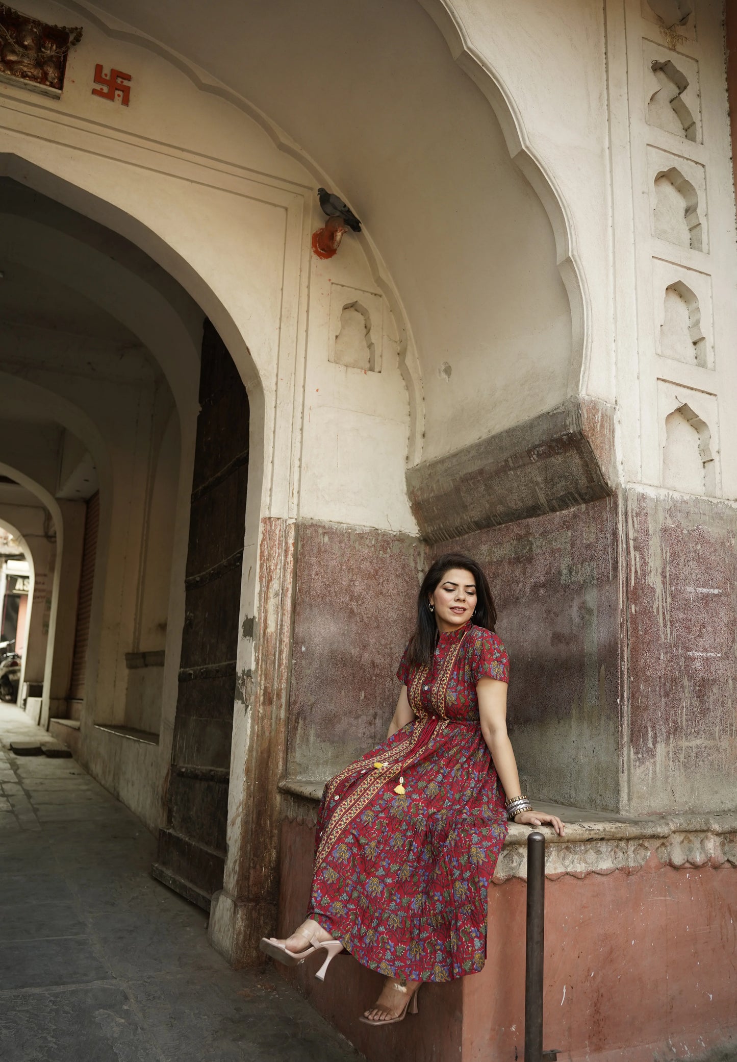 Red Flutter Sleeved Printed Cotton Dress
