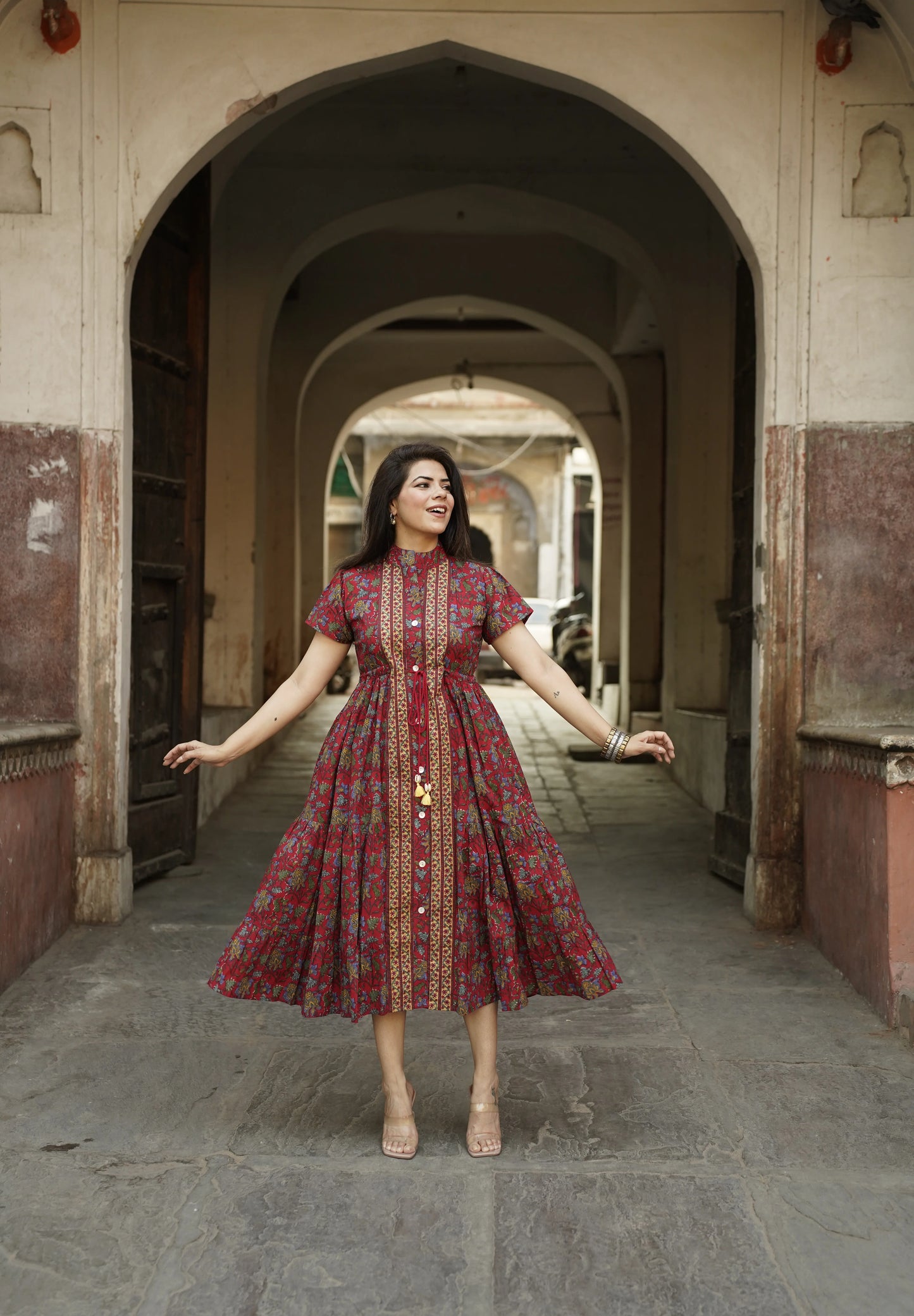 Red Flutter Sleeved Printed Cotton Dress