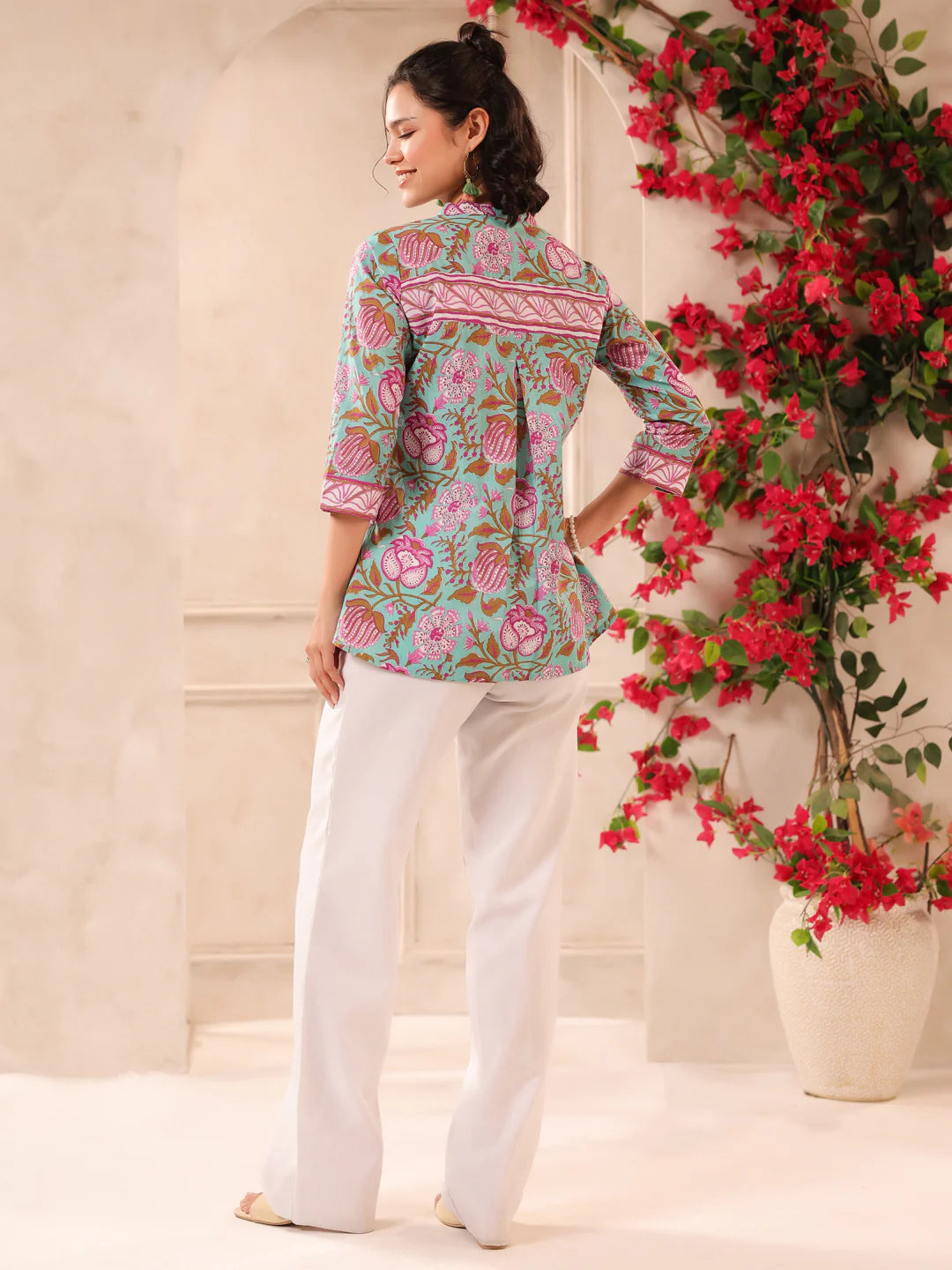 Turquoise Floral Printed Cotton Top