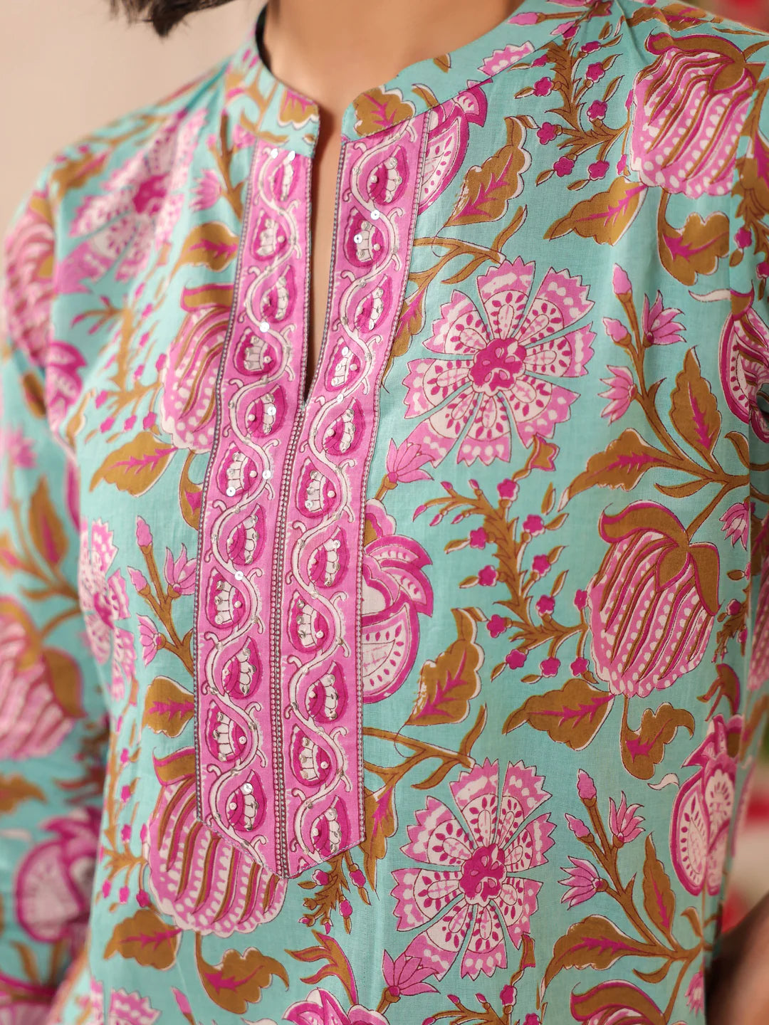 Turquoise Floral Printed Cotton Top