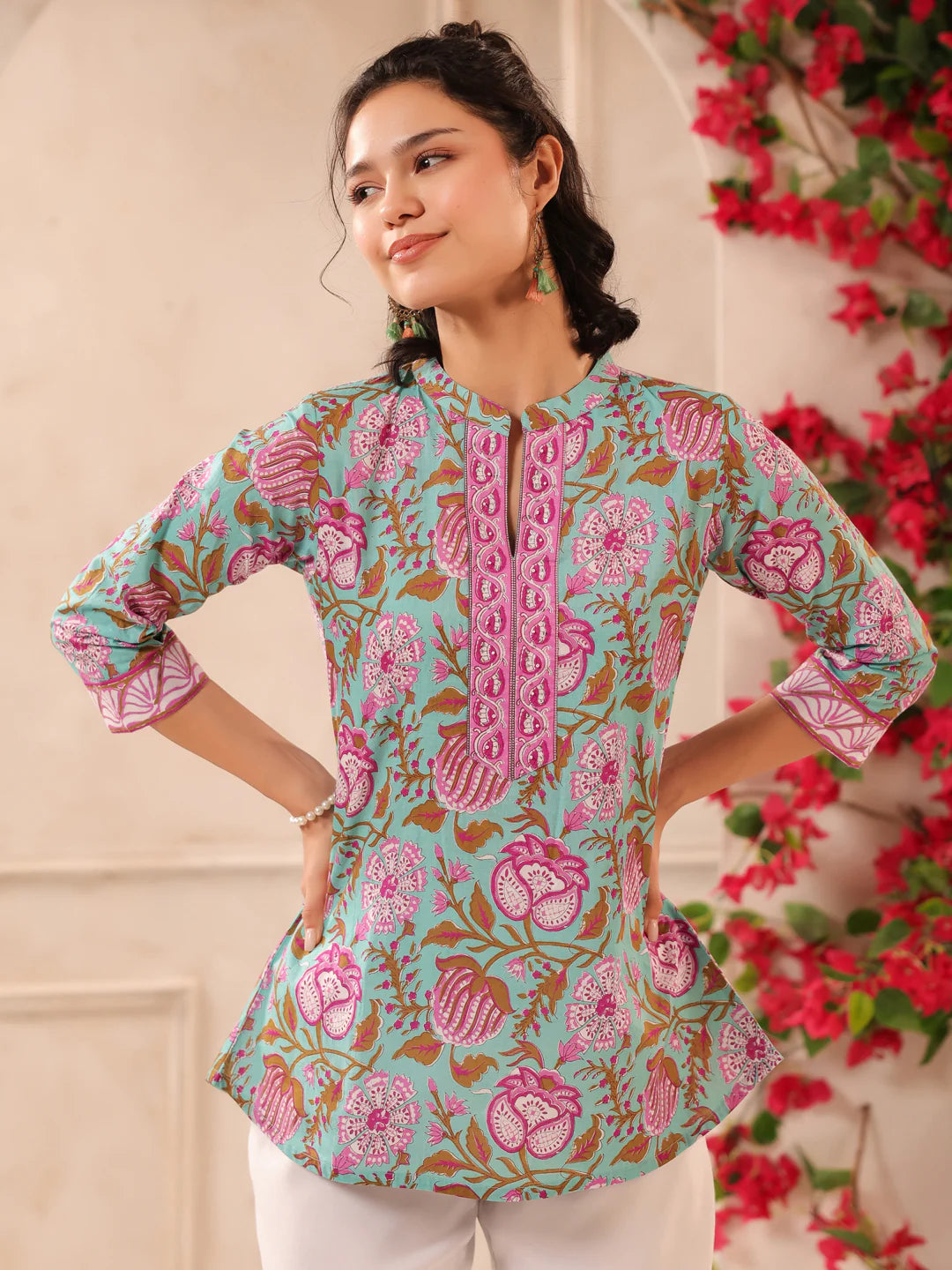 Turquoise Floral Printed Cotton Top