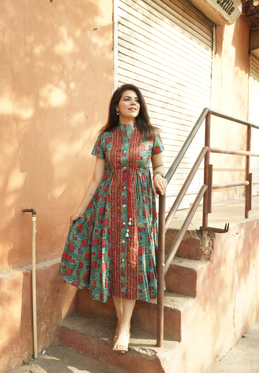 Teal Printed Flutter Sleeved Dress