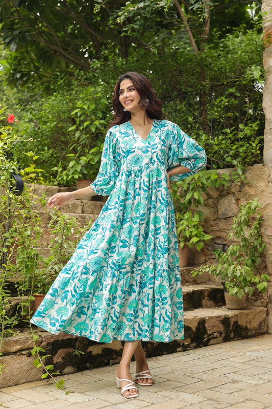 White & Turquoise Printed Zip Dress