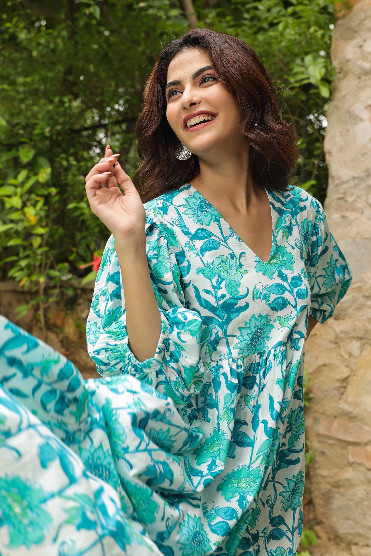 White & Turquoise Printed Zip Dress