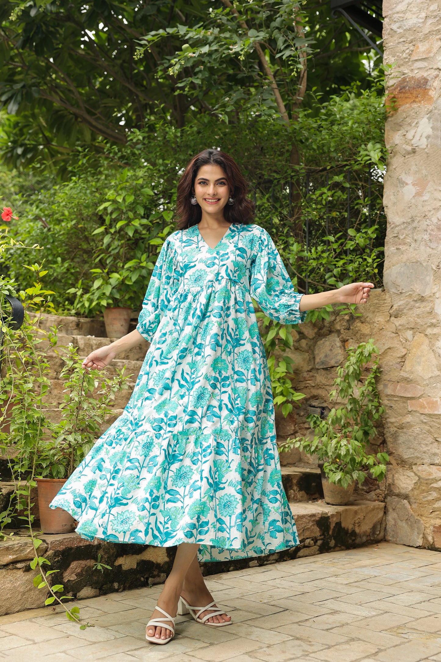 White & Turquoise Printed Zip Dress
