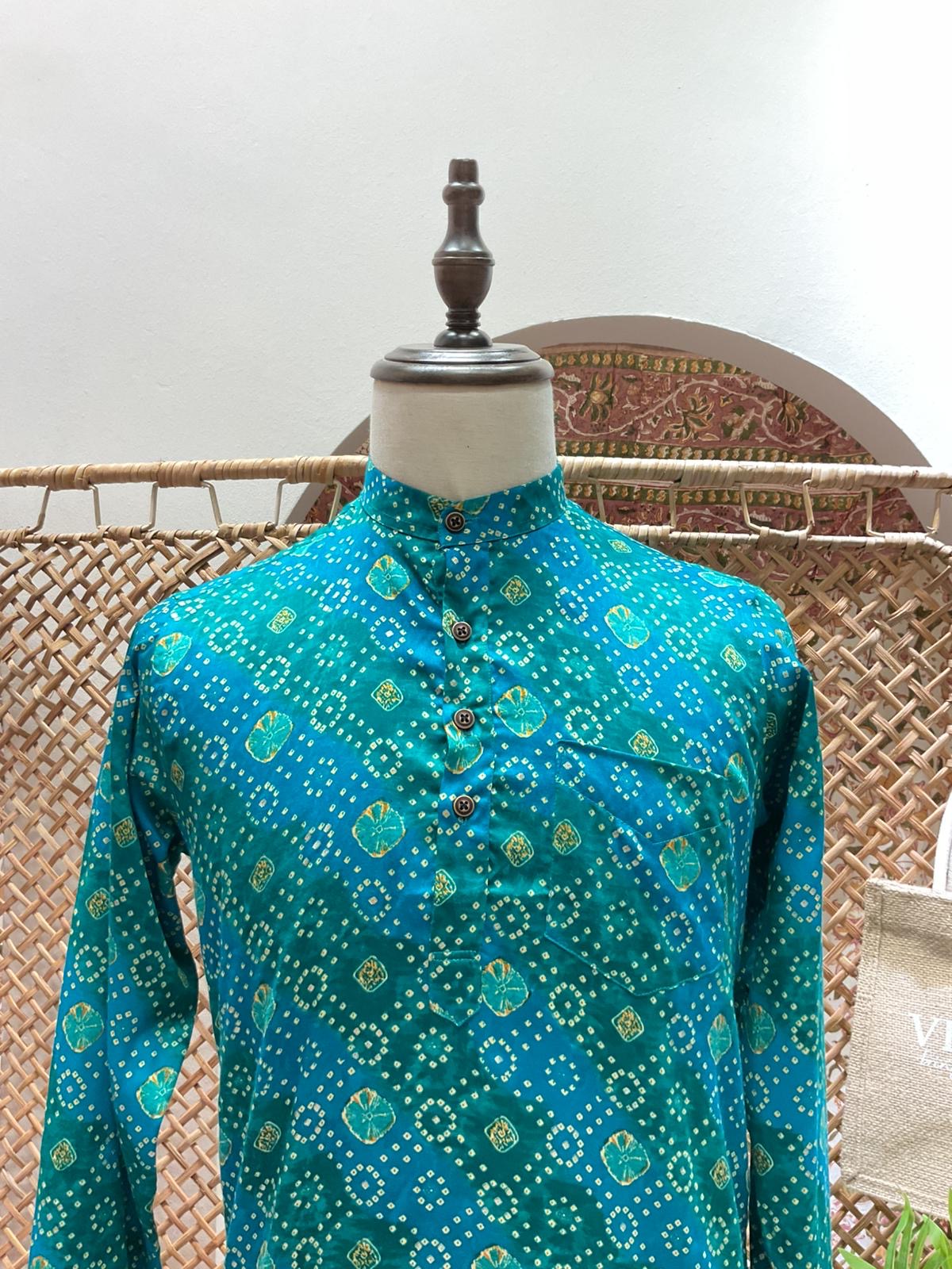 Turquoise Bandhej Short Kurta