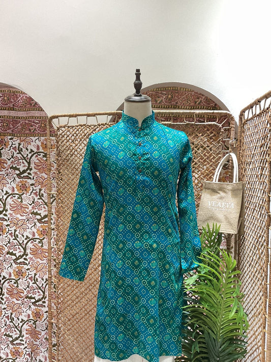 Turquoise Bandhej Long Kurta