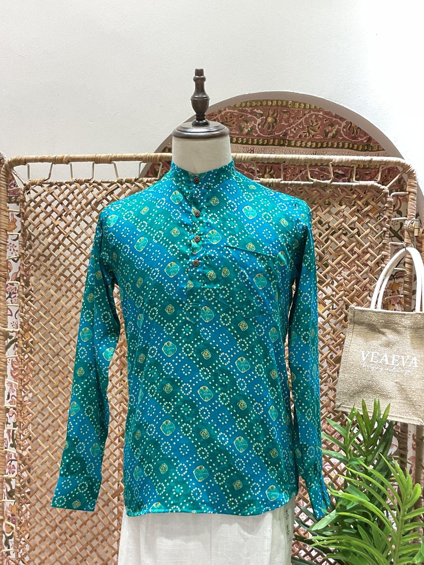 Turquoise Bandhej Short Kurta