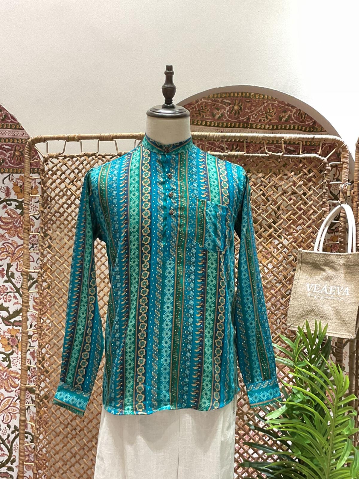 Turquoise Striped Short Kurta