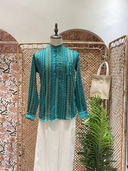 Turquoise Striped Short Kurta