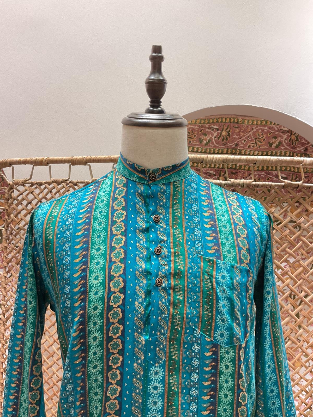 Turquoise Striped Short Kurta