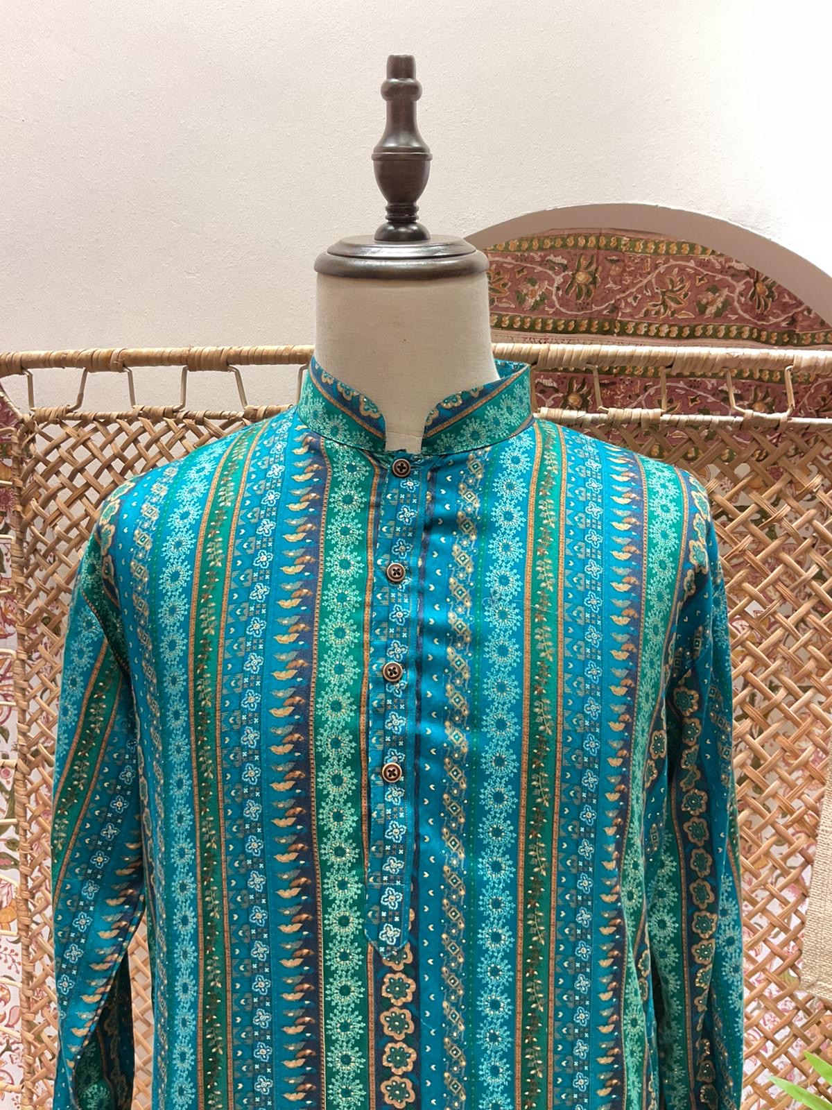 Turquoise Striped Long Kurta
