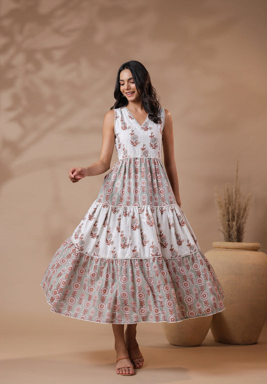 White V-neck Handblock Printed Dress