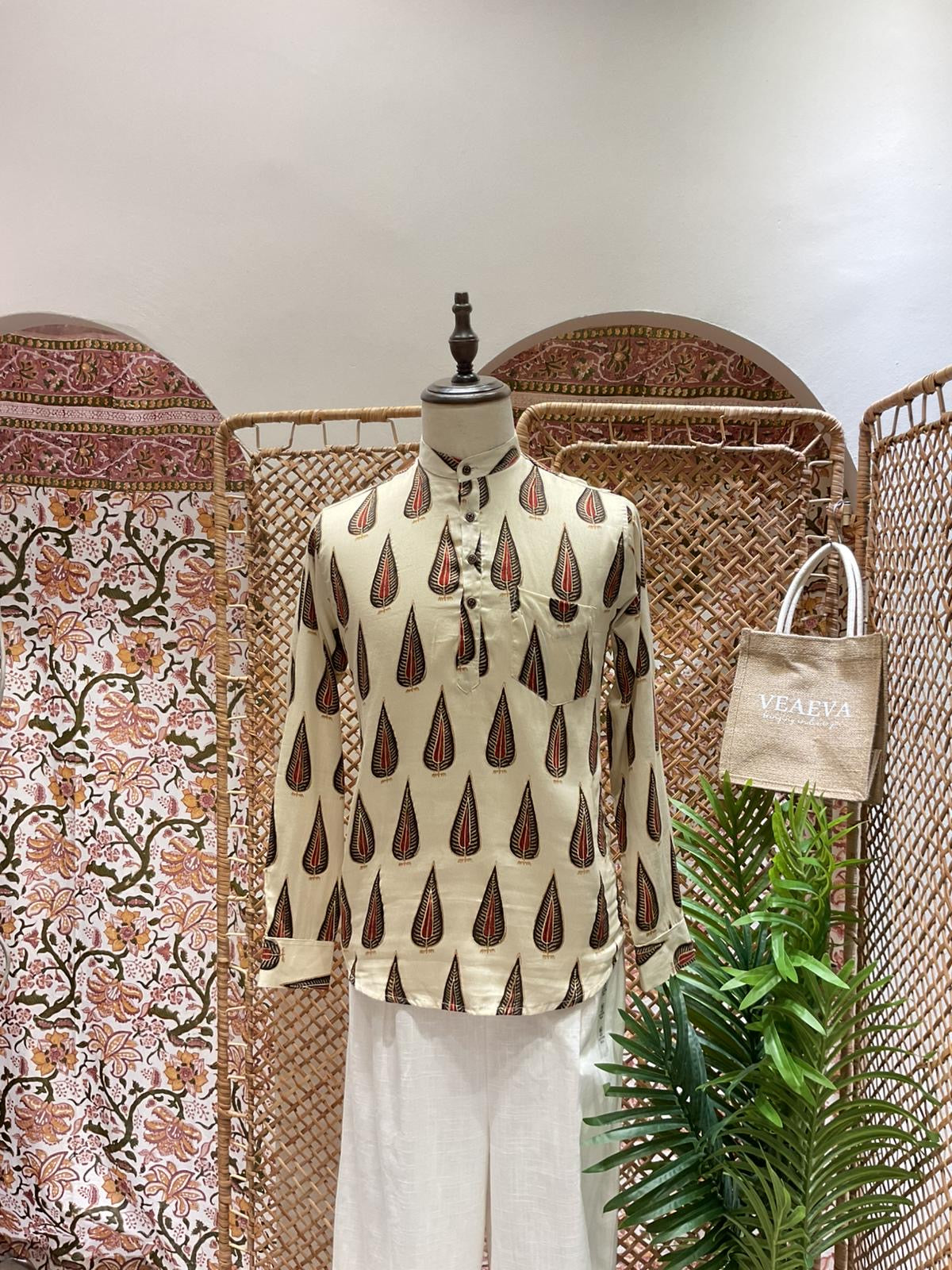 White and Red Printed Short Kurta