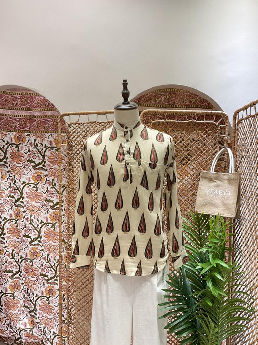 White and Red Printed Short Kurta