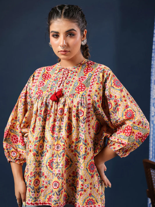 Yellow Hand-block Printed Boho Volume Sleeves Top