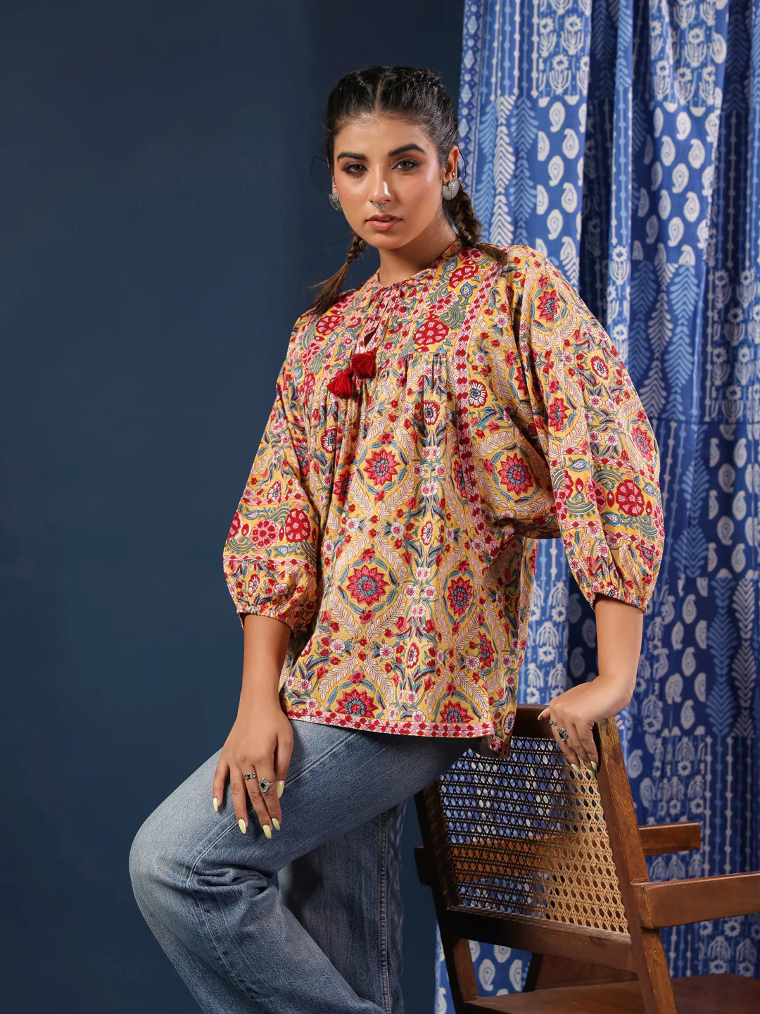 Yellow Hand-block Printed Boho Volume Sleeves Top