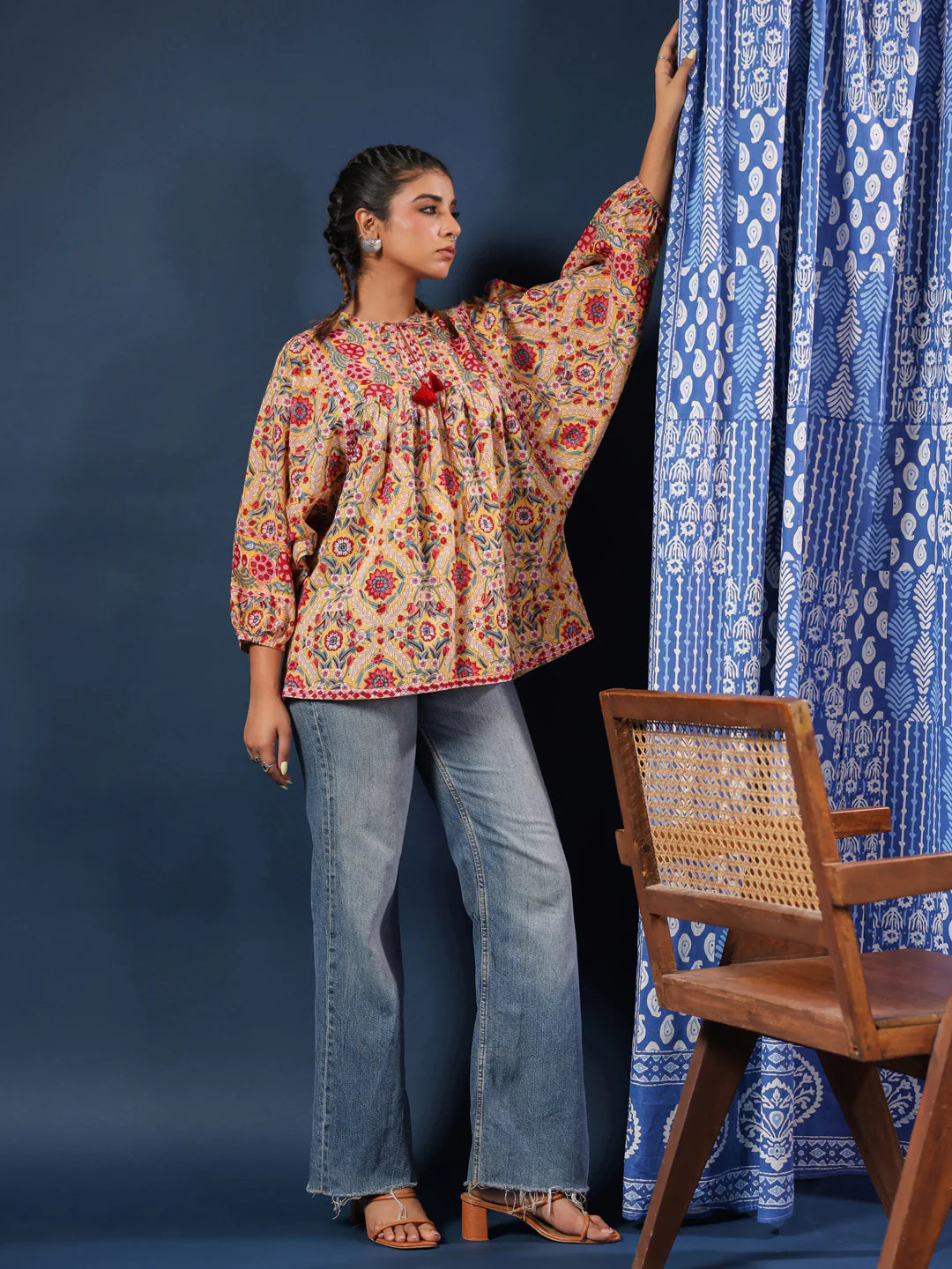 Yellow Hand-block Printed Boho Volume Sleeves Top