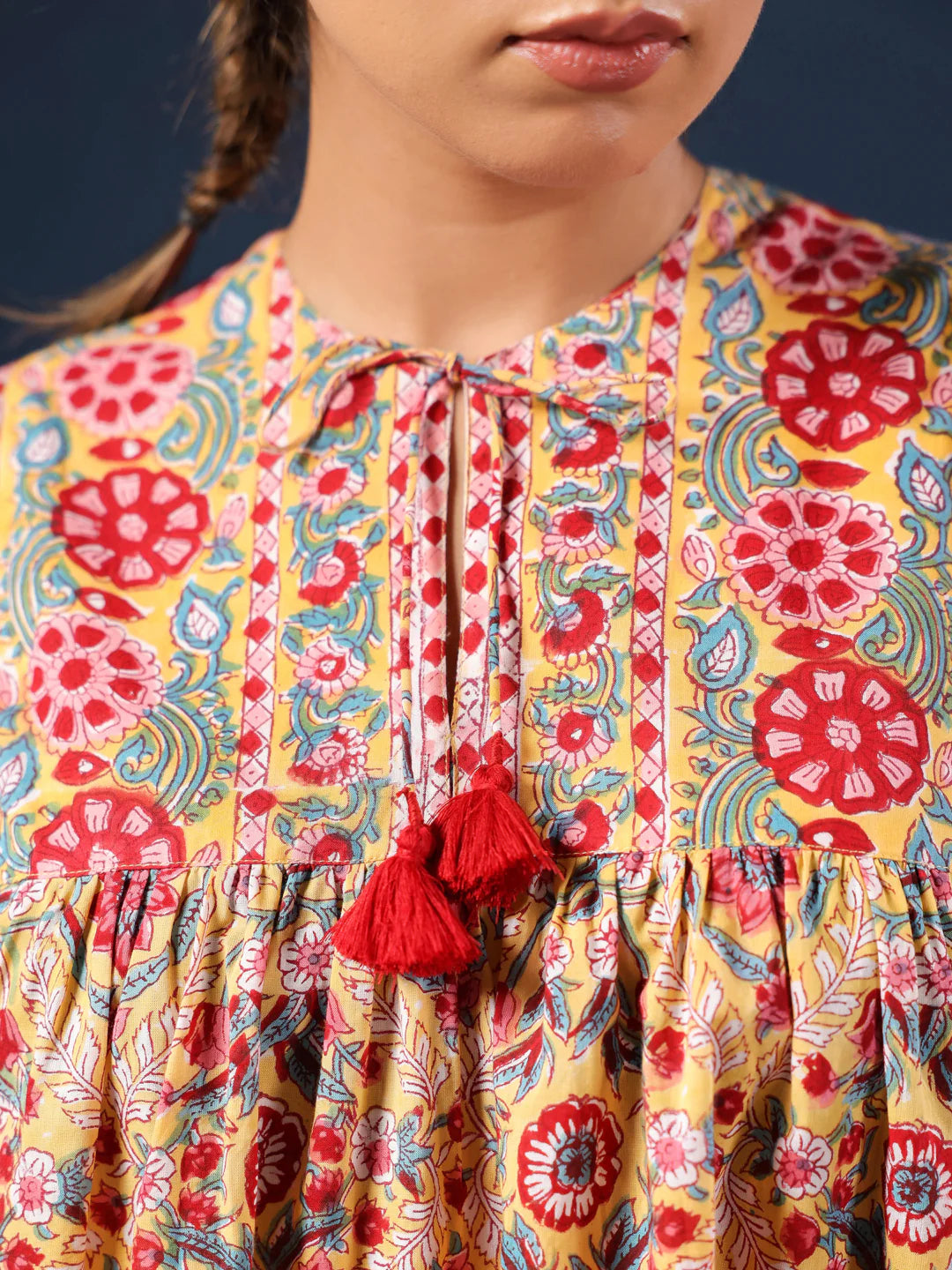 Yellow Hand-block Printed Boho Volume Sleeves Top